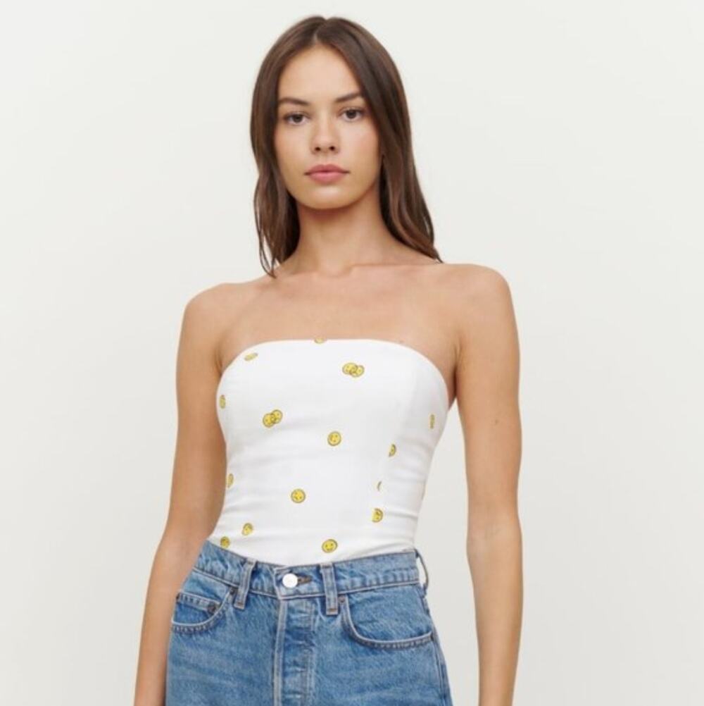 NWT Reformation White Paolo Mixed Emotions Smiley Happy Face Strapless Top 12